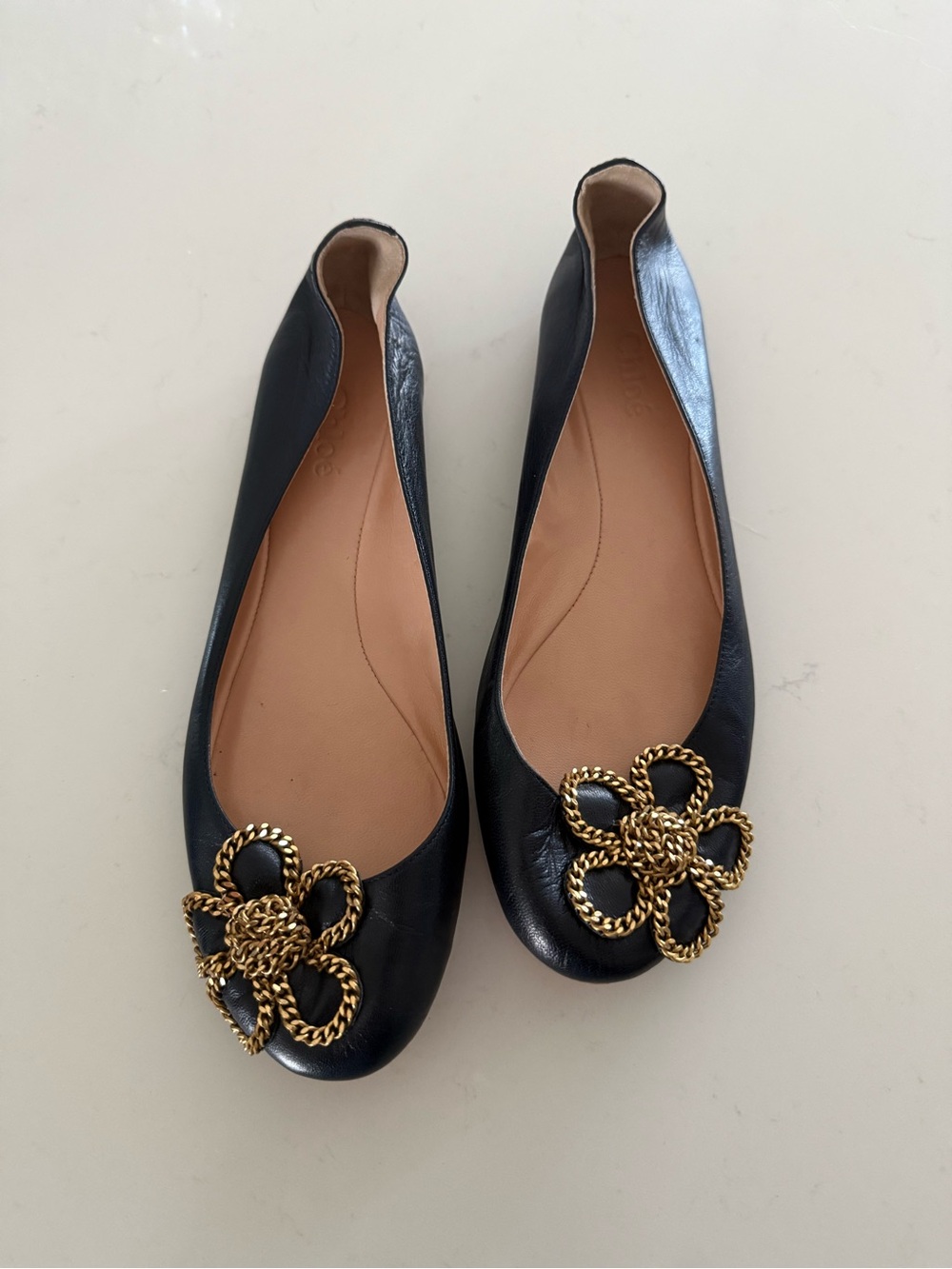 Chloe Navy Leather Ballet Flats with Gold Rope Flower